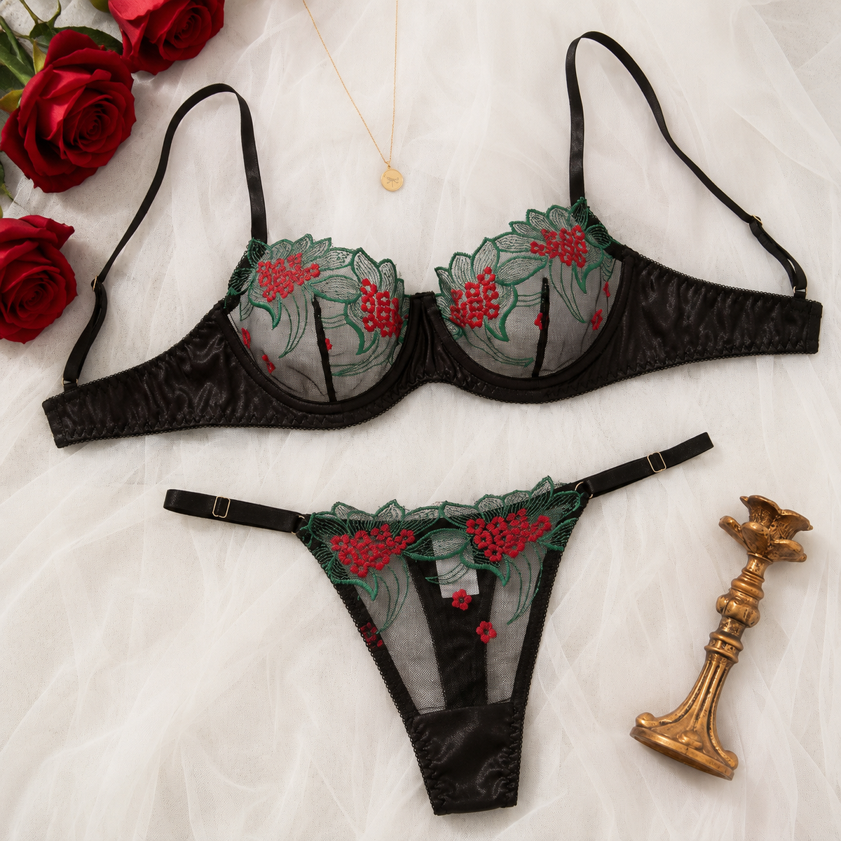 Floral Leaf Embroidered Mesh Bra & Panty Set – Sheer Two-Piece Lingerie image