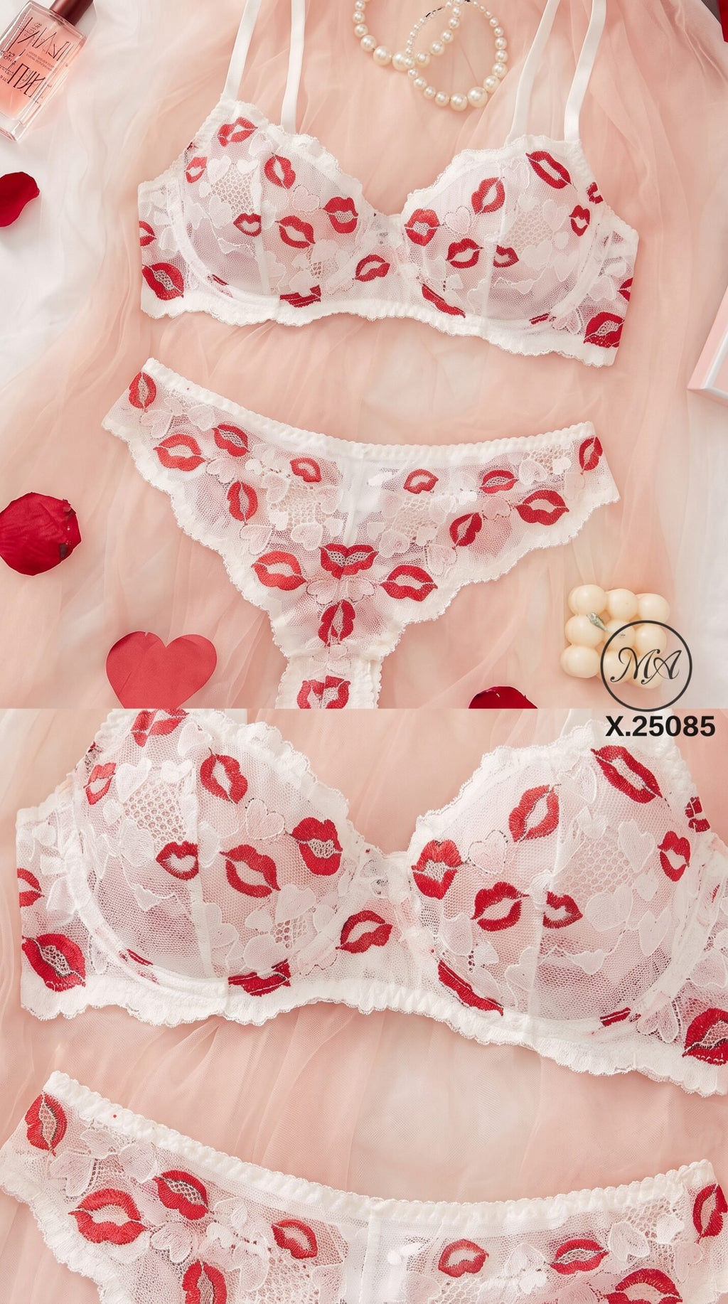 Lip-Print Lace Collection – Valentine Bra & Thong Sets (Black, Pink, White) image