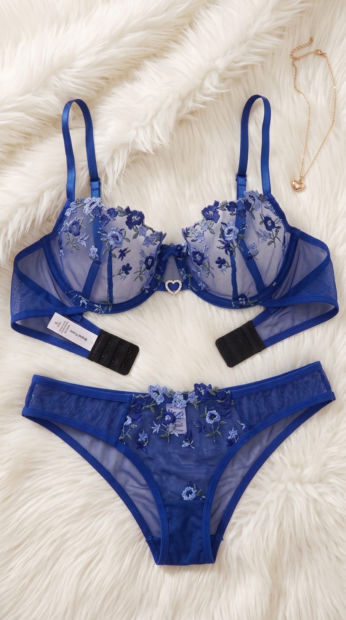 Floral Embroidered Mesh Lingerie Set – Underwire Bra & Panty with Heart Charm Detail image 4