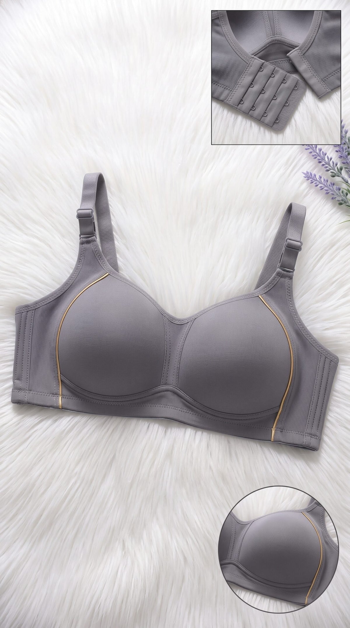 Front-Closure Bra with Gold Piping – 6 Colors (Beige, Black, Brown, Grey, Light Green, Pink) image 4