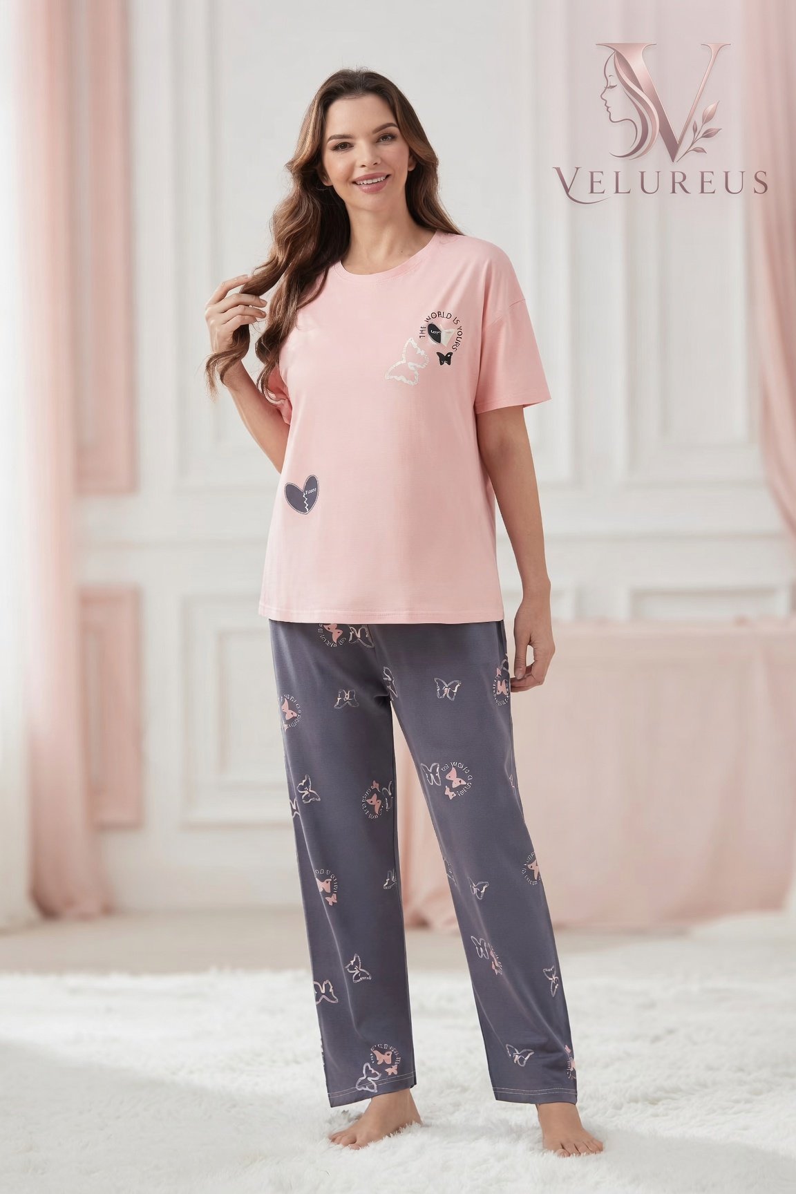 Velureus Butterfly Print Cotton Pajama Set – 3 Colors Available - Grey Pajama, M image
