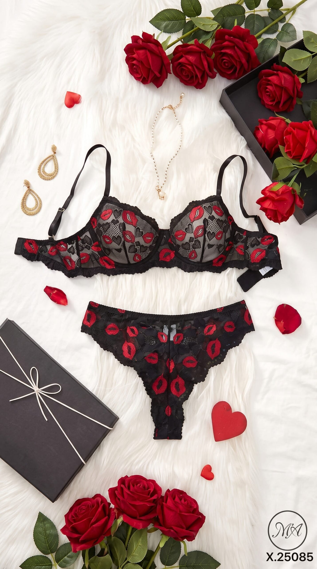 Lip-Print Lace Collection – Valentine Bra & Thong Sets (Black, Pink, White) image 1