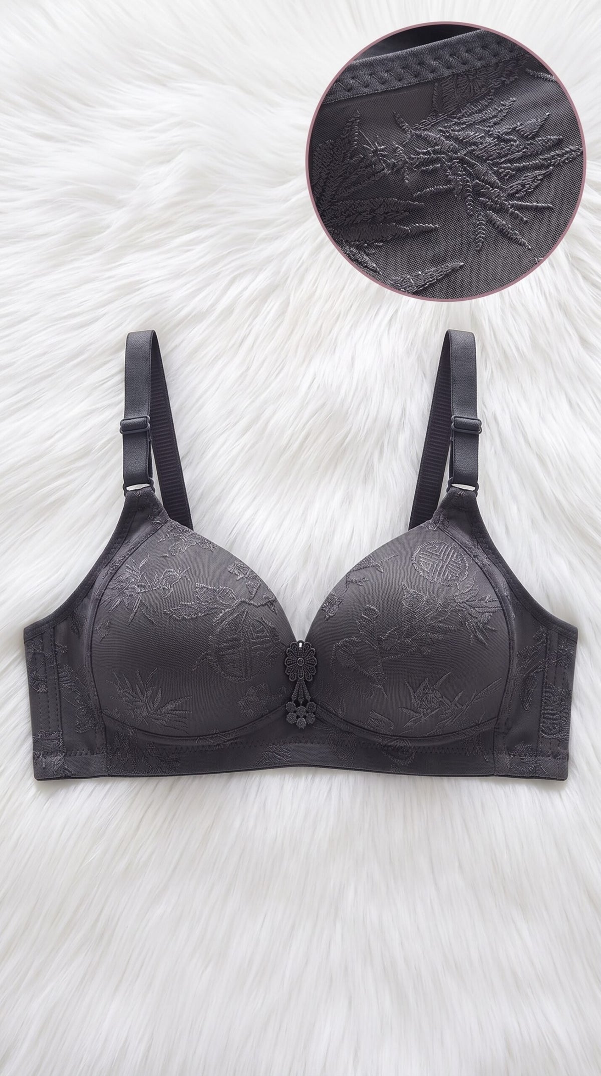 Floral Jacquard Bra Collection with Pearl Charm – 10 Colors (Beige, Black, Coffee Brown, Dark Grey, Dusty Pink, Lake Blue, Light Grey, Light Pink, Olive Green, Red) image