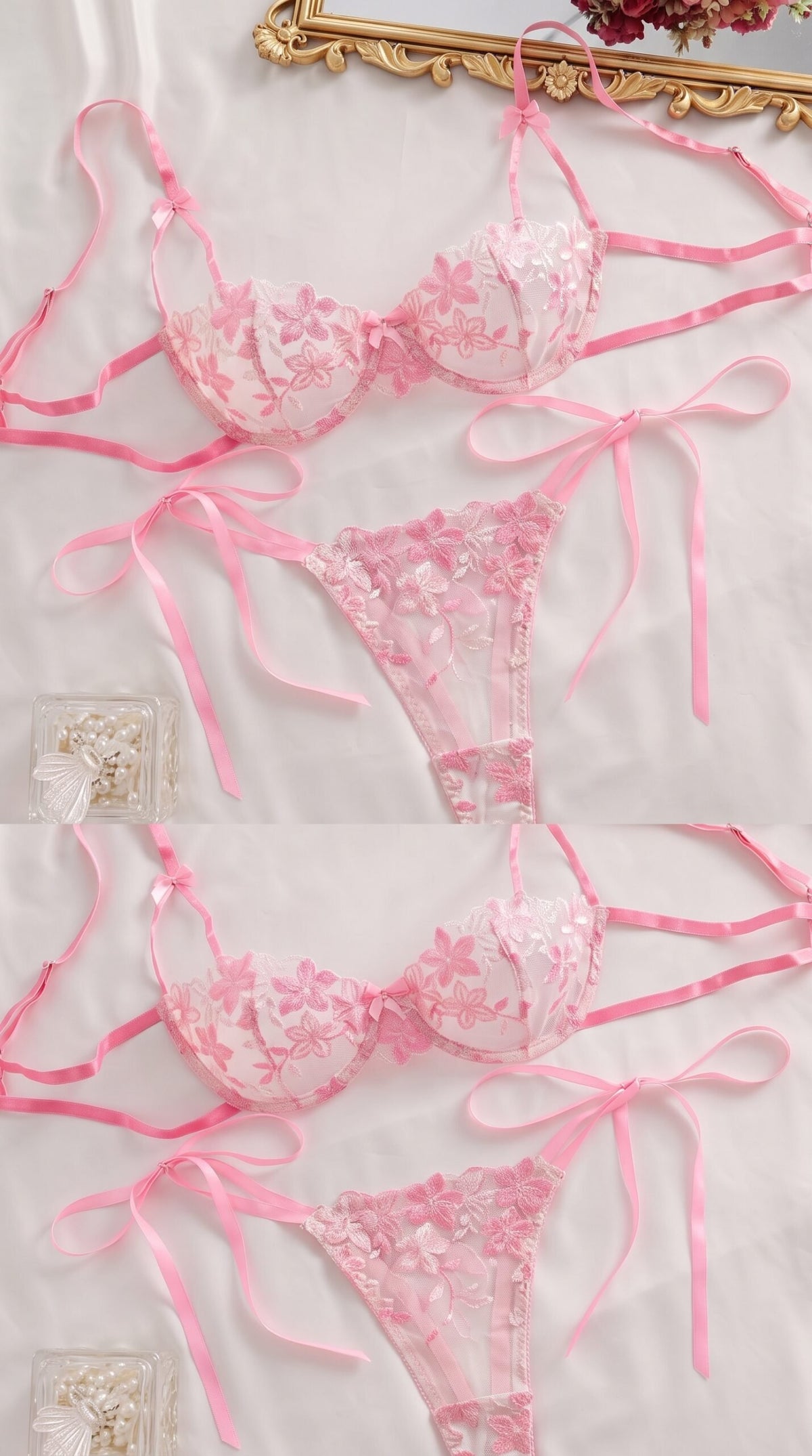 Floral Embroidered Ribbon Tie Lingerie Set – Delicate Lace Bra & Panty with Satin Bows image