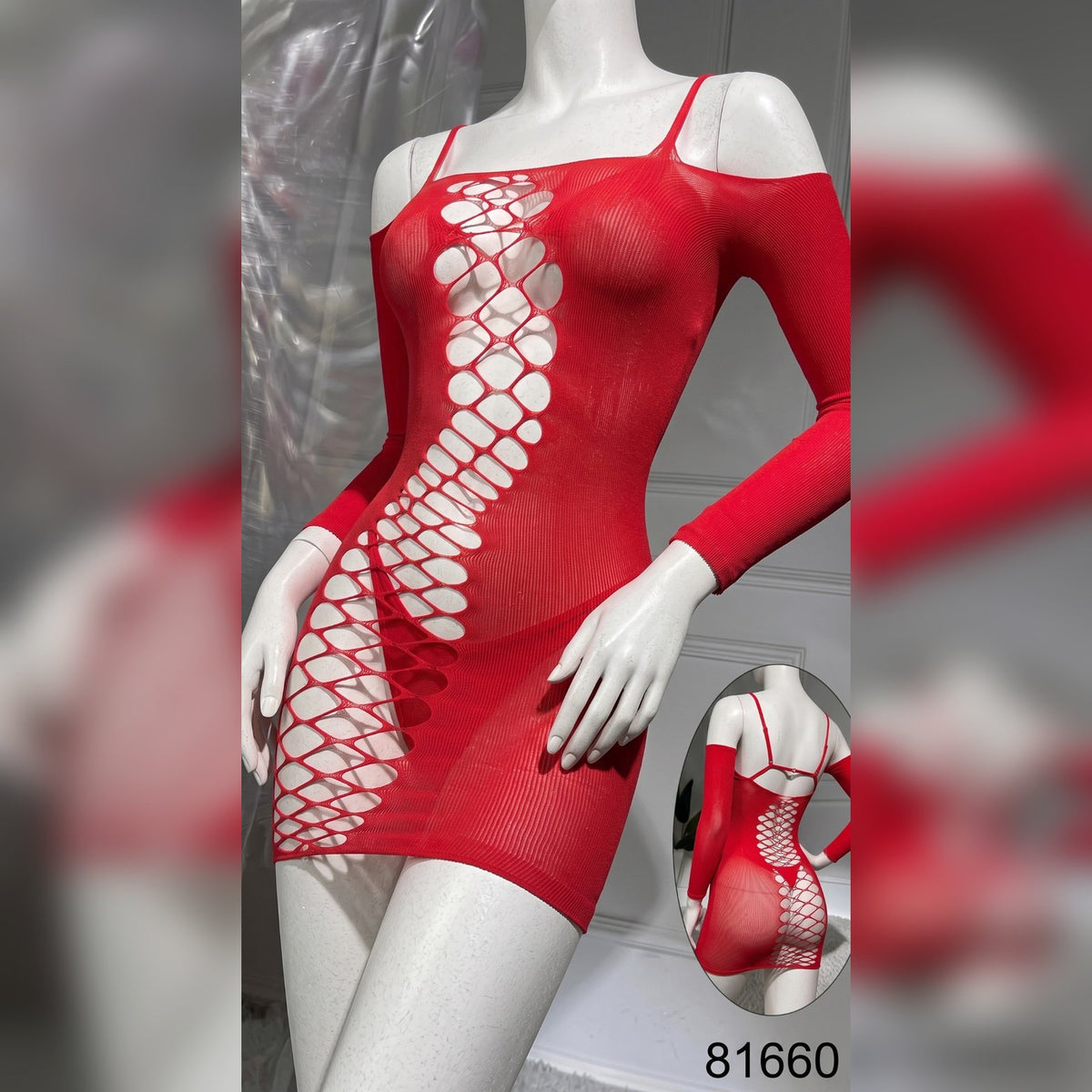 Women’s Red Fishnet Mesh Bodycon Mini Dress | Long Sleeve Cut-Out Party Dress - Red, Regular image