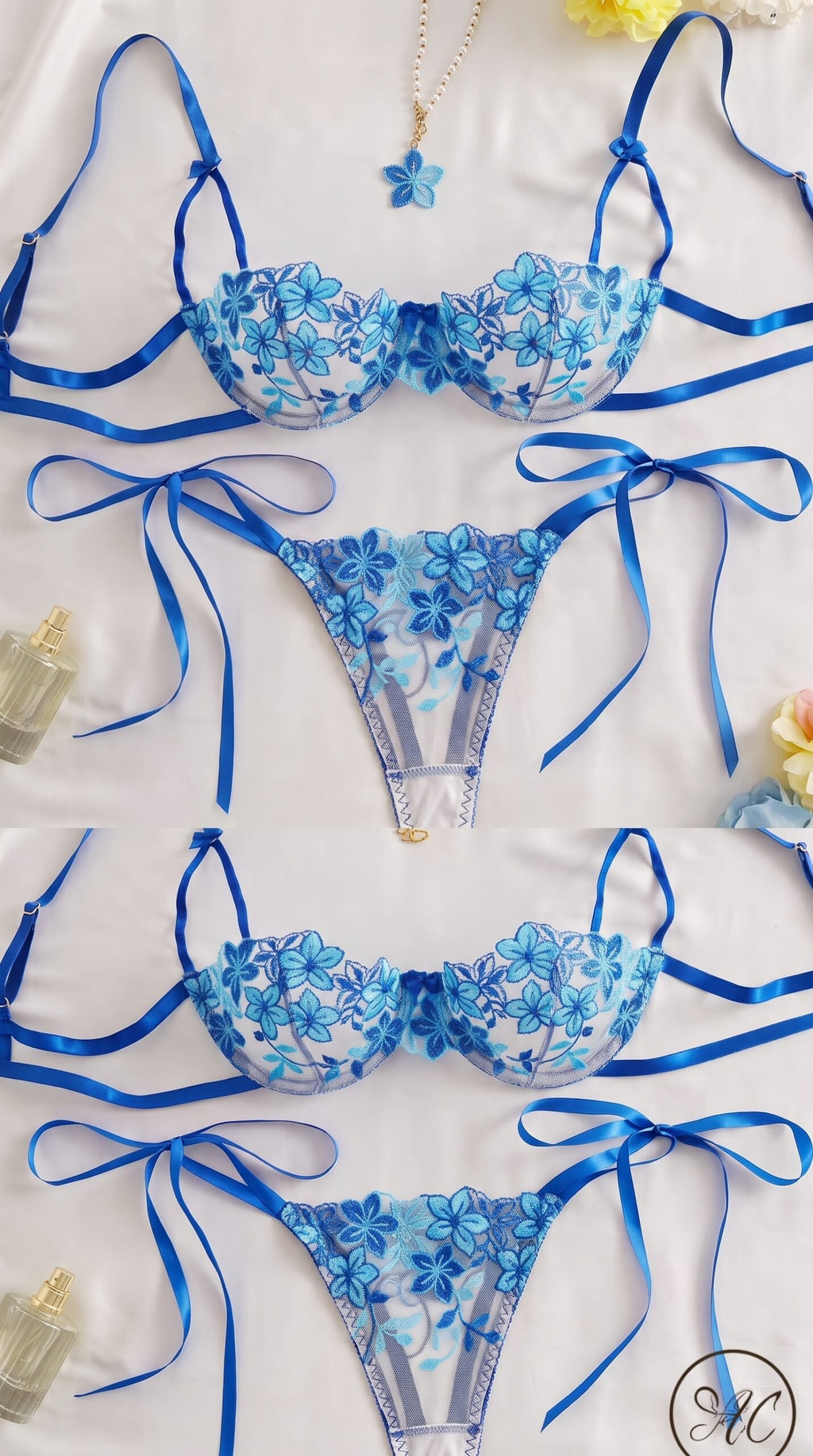 Floral Embroidered Ribbon Tie Lingerie Set – Delicate Lace Bra & Panty with Satin Bows image