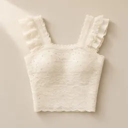 Glitter Beaded Lace Square Collar Top | Flying Sleeve Halter Bra Top image