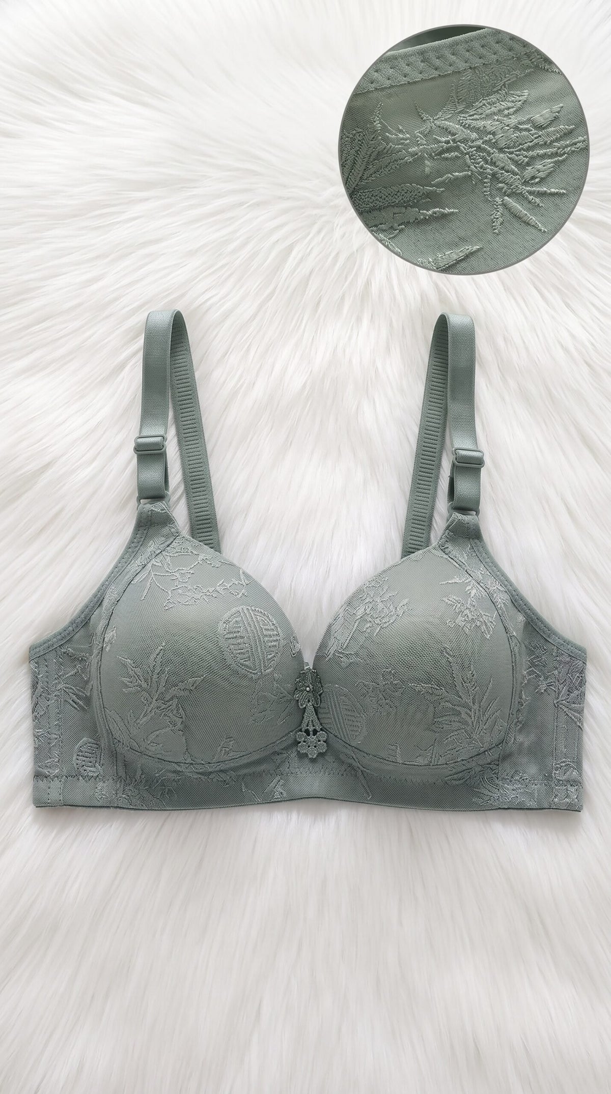 Floral Jacquard Bra Collection with Pearl Charm – 10 Colors (Beige, Black, Coffee Brown, Dark Grey, Dusty Pink, Lake Blue, Light Grey, Light Pink, Olive Green, Red) image 3