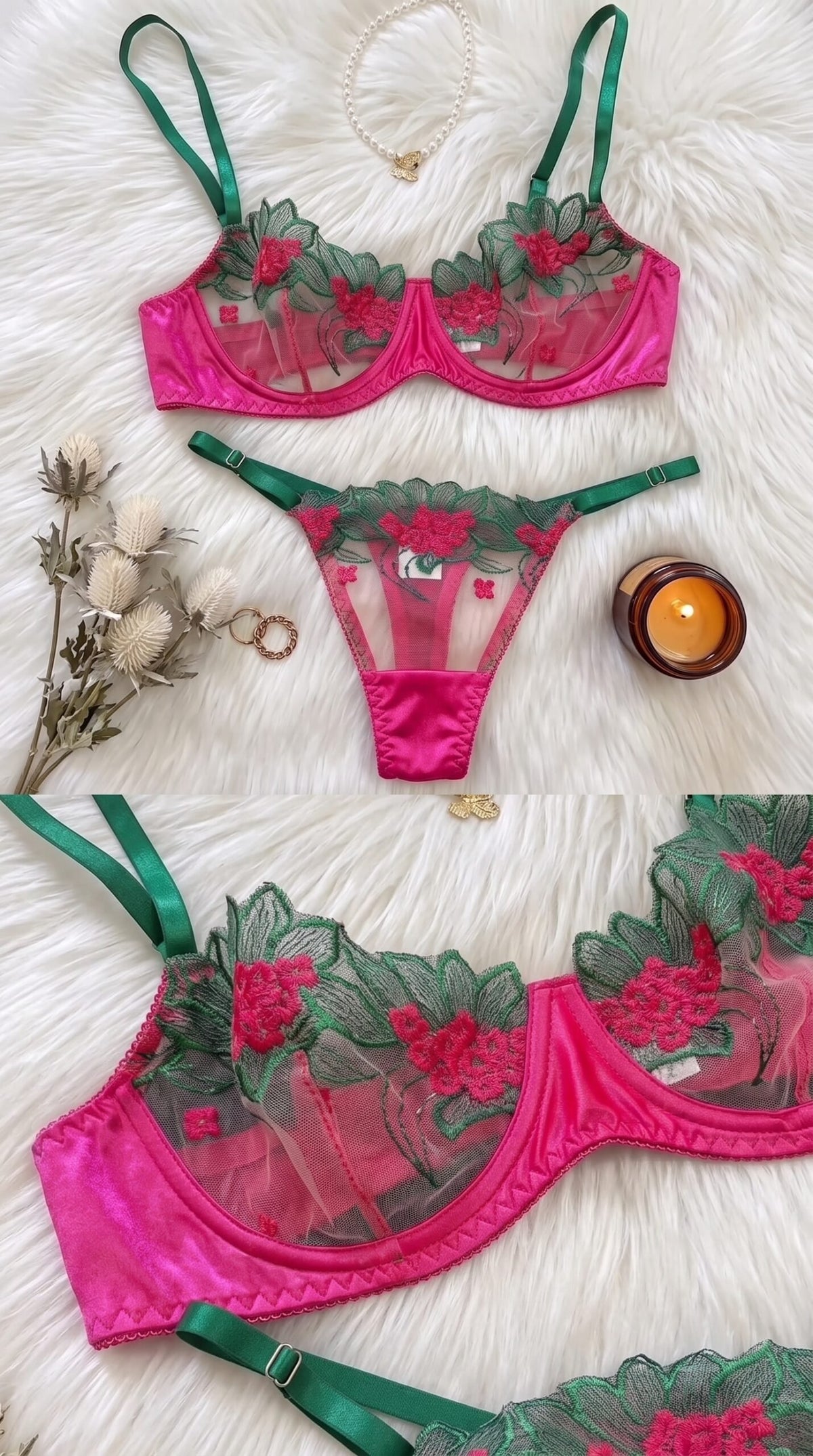 Floral Leaf Embroidered Mesh Bra & Panty Set – Sheer Two-Piece Lingerie image