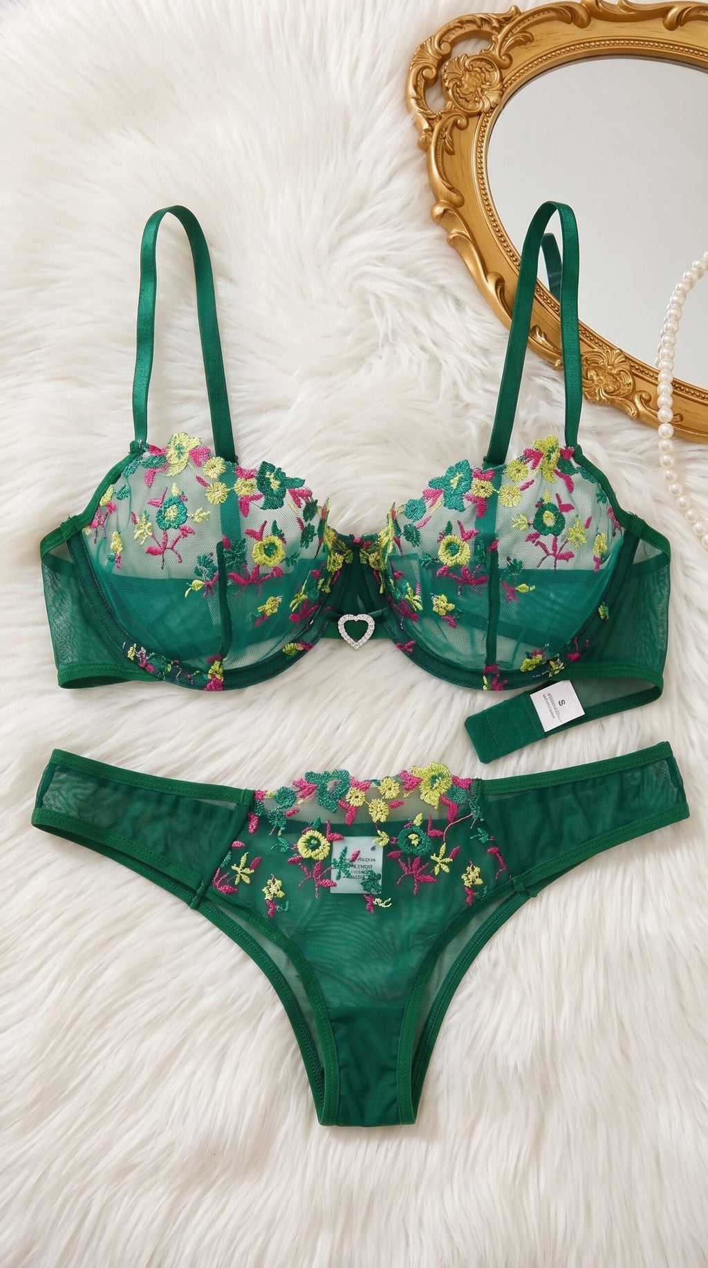 Floral Embroidered Mesh Lingerie Set – Underwire Bra & Panty with Heart Charm Detail image