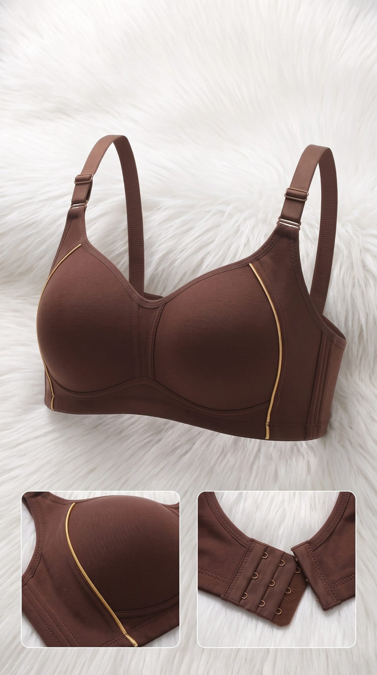 Front-Closure Bra with Gold Piping – 6 Colors (Beige, Black, Brown, Grey, Light Green, Pink) image