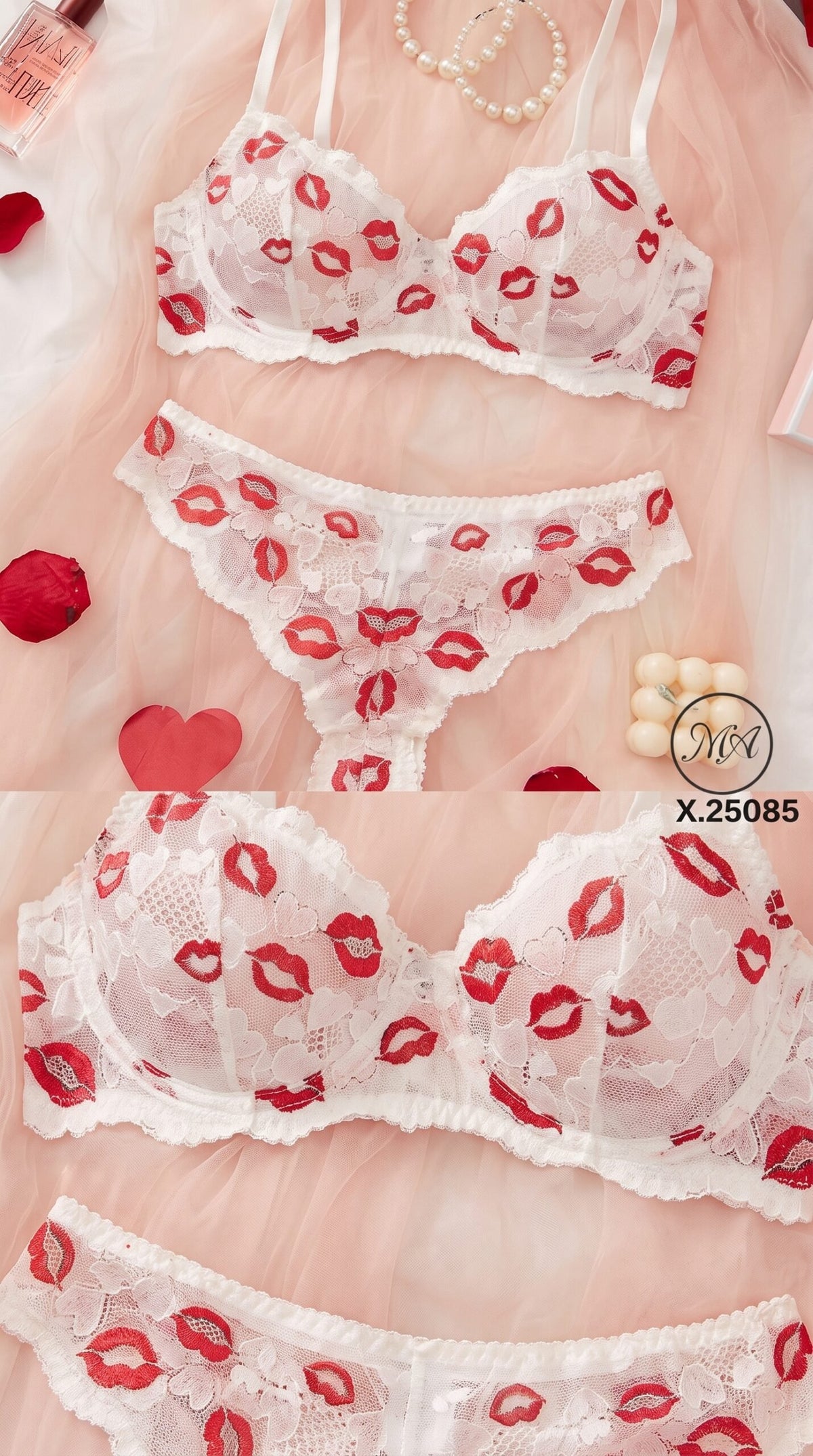 Lip-Print Lace Collection – Valentine Bra & Thong Sets (Black, Pink, White) image