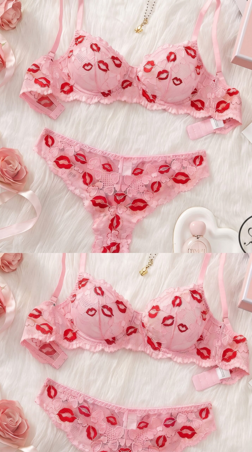 Lip-Print Lace Collection – Valentine Bra & Thong Sets (Black, Pink, White) image