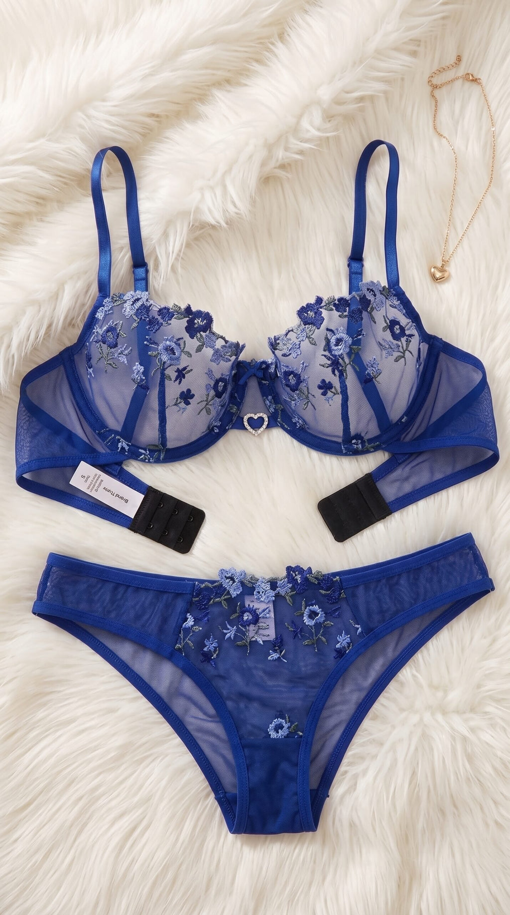 Floral Embroidered Mesh Lingerie Set – Underwire Bra & Panty with Heart Charm Detail image