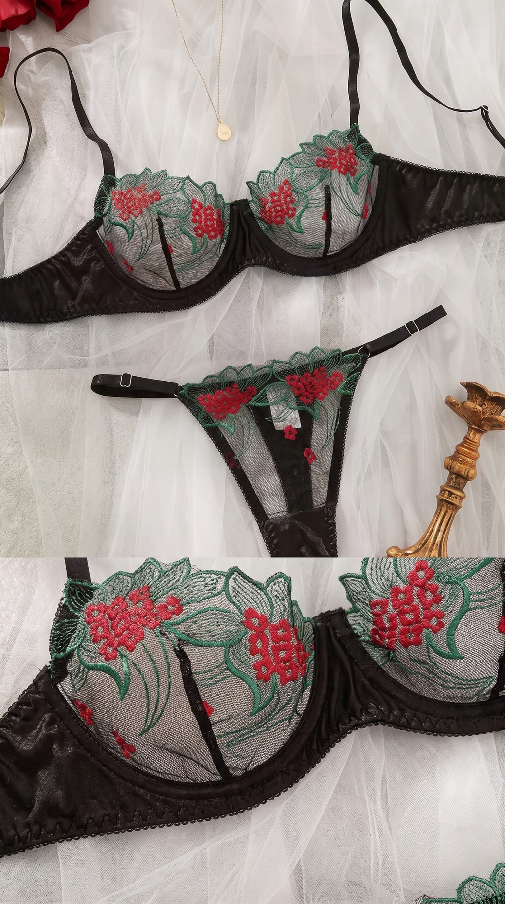 Floral Leaf Embroidered Mesh Bra & Panty Set – Sheer Two-Piece Lingerie image 1