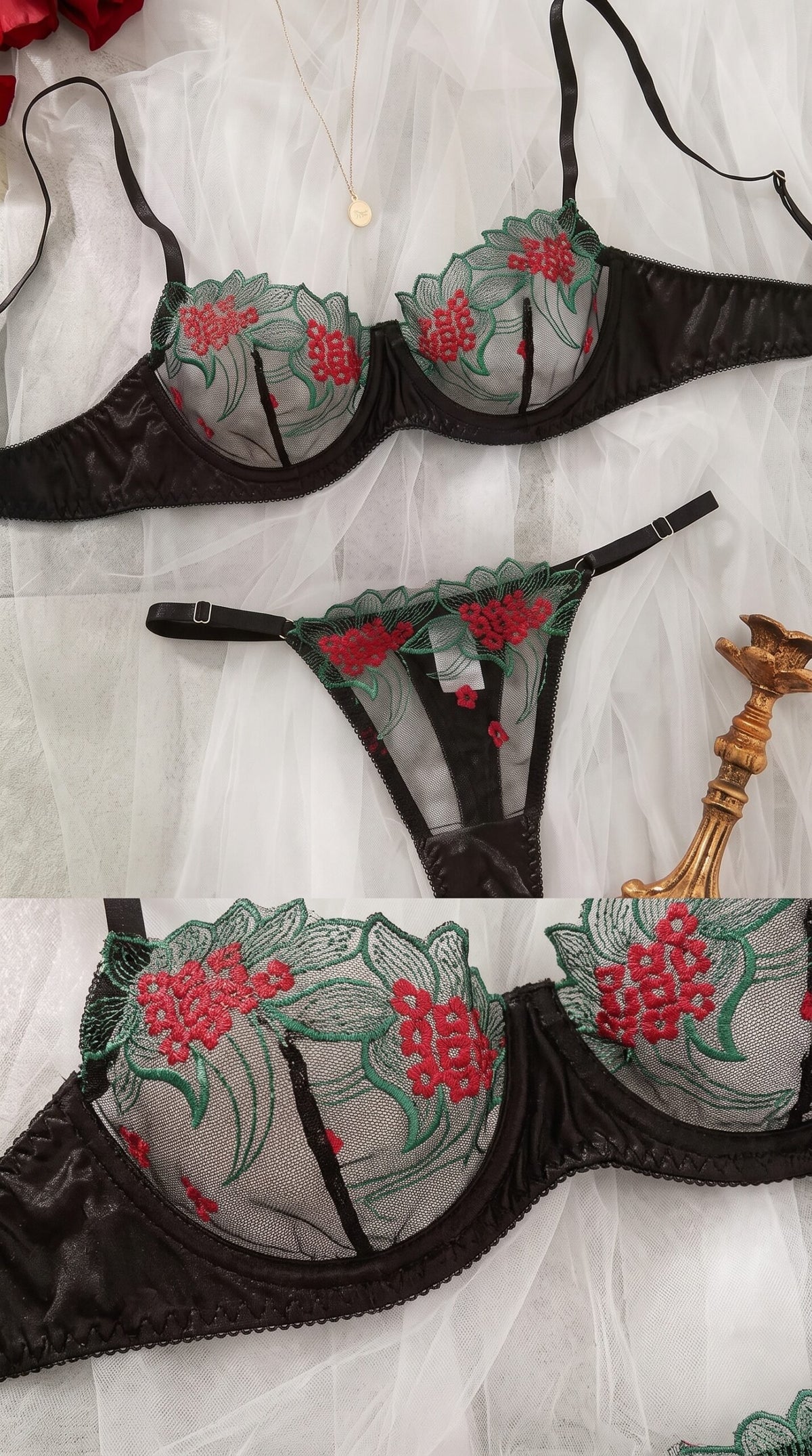 Floral Leaf Embroidered Mesh Bra & Panty Set – Sheer Two-Piece Lingerie image 1