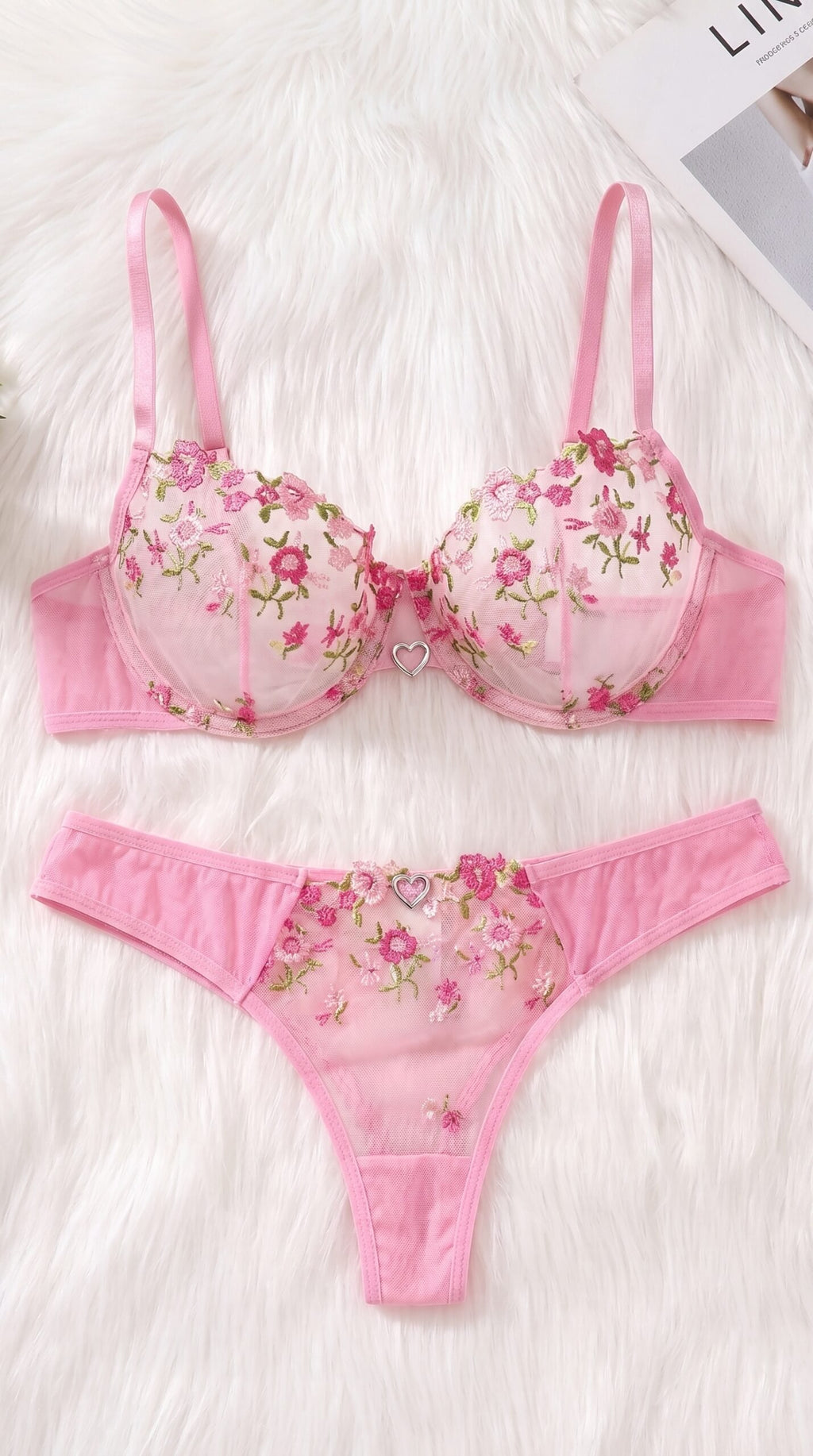 Floral Embroidered Mesh Lingerie Set – Underwire Bra & Panty with Heart Charm Detail image