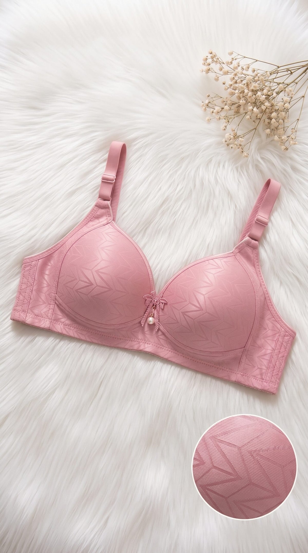 Chevron Jacquard Smooth Bra with Bow Detail – 6 Colors (Beige, Black, Brown, Grey, Maroon, Pink) image 6