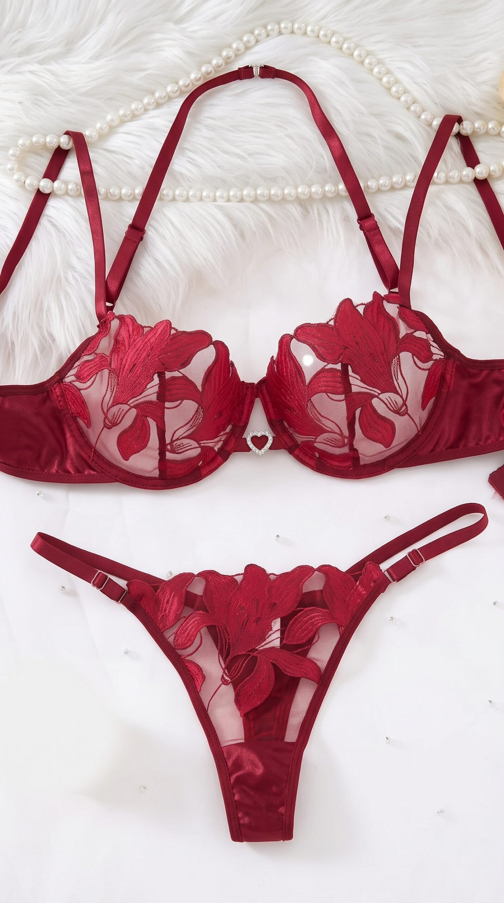 Lily Embroidered Sheer Mesh Bra & Panty Set – Heart Charm Lingerie Set image