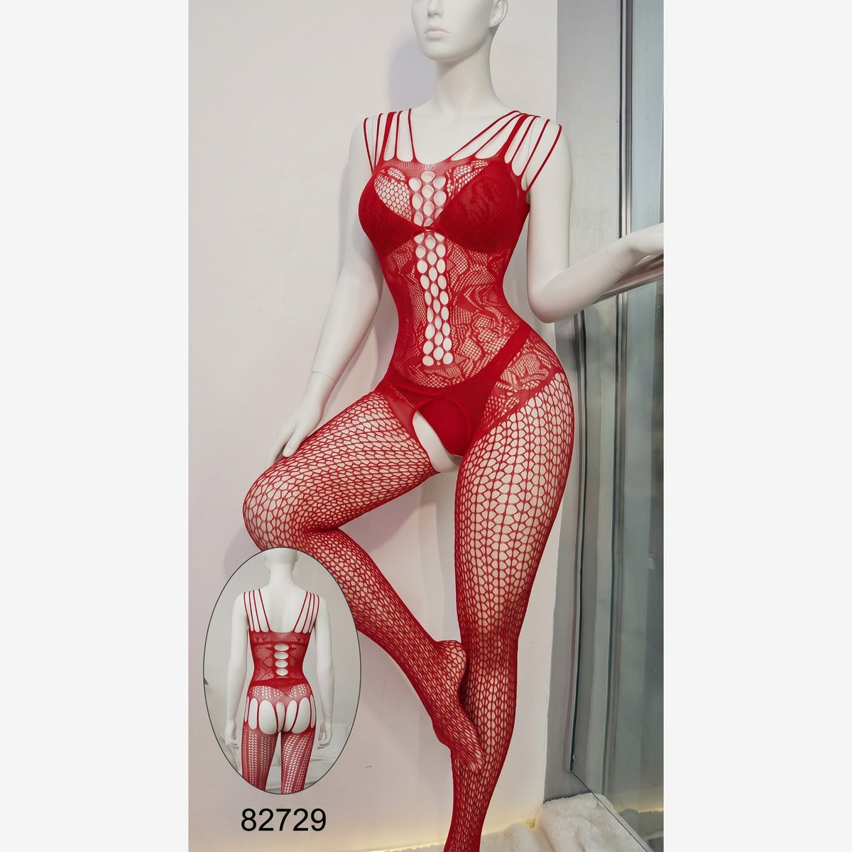 Red Sheer Fishnet Cut-Out Bodysuit - Red, Regular image