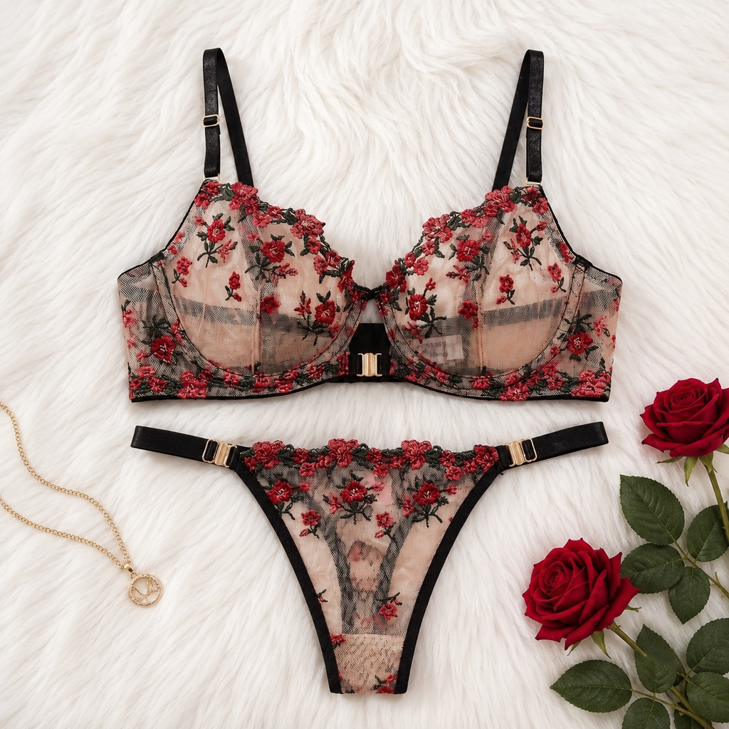 Noir Rose — Embroidered Floral Lingerie Set image