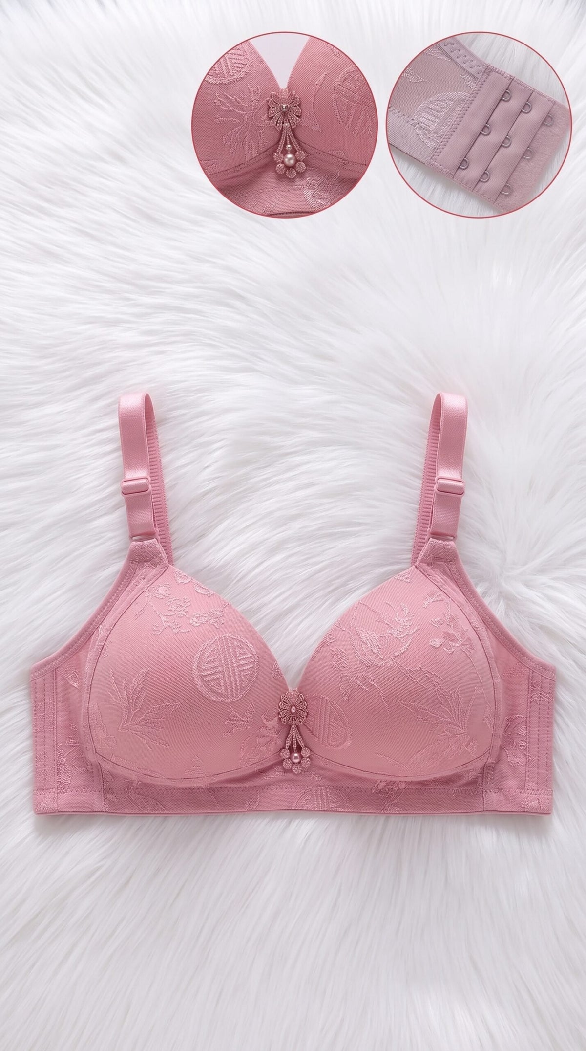 Floral Jacquard Bra Collection with Pearl Charm – 10 Colors (Beige, Black, Coffee Brown, Dark Grey, Dusty Pink, Lake Blue, Light Grey, Light Pink, Olive Green, Red) image 4