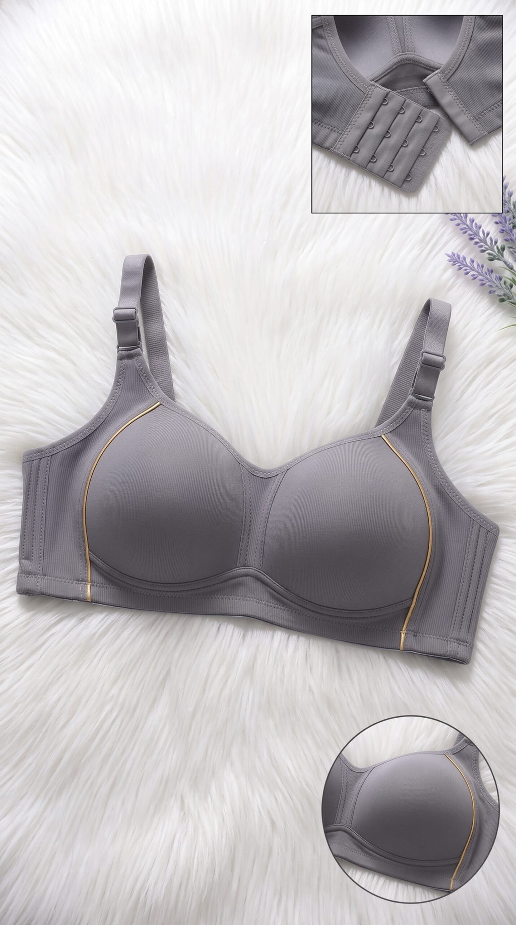 Front-Closure Bra with Gold Piping – 6 Colors (Beige, Black, Brown, Grey, Light Green, Pink) image
