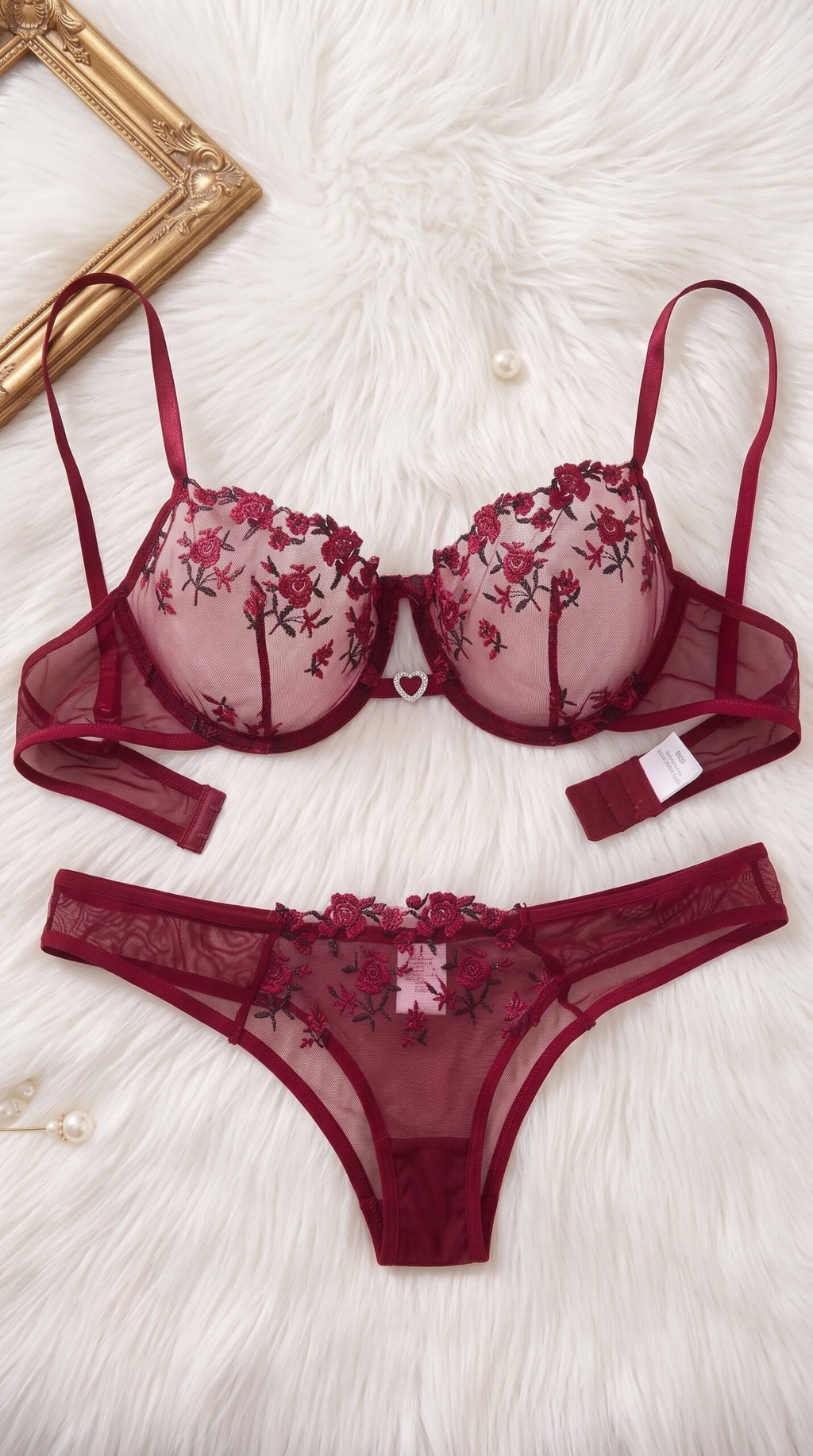 Floral Embroidered Mesh Lingerie Set – Underwire Bra & Panty with Heart Charm Detail image