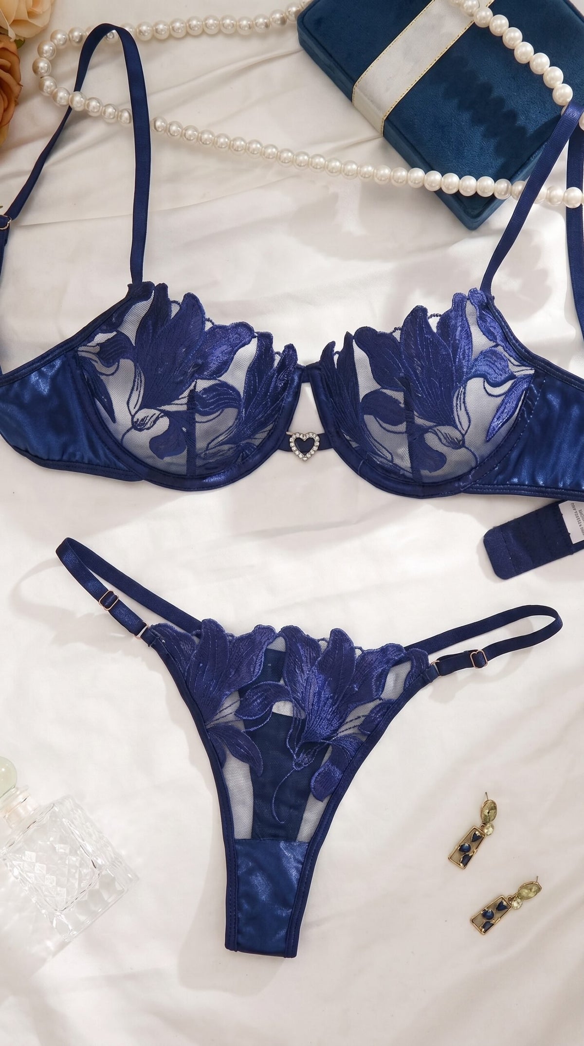 Lily Embroidered Sheer Mesh Bra & Panty Set – Heart Charm Lingerie Set image 1