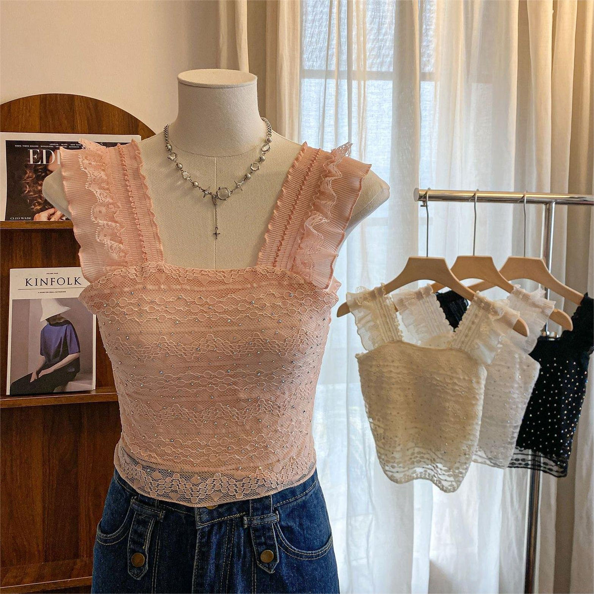 Glitter Beaded Lace Square Collar Top | Flying Sleeve Halter Bra Top image 0