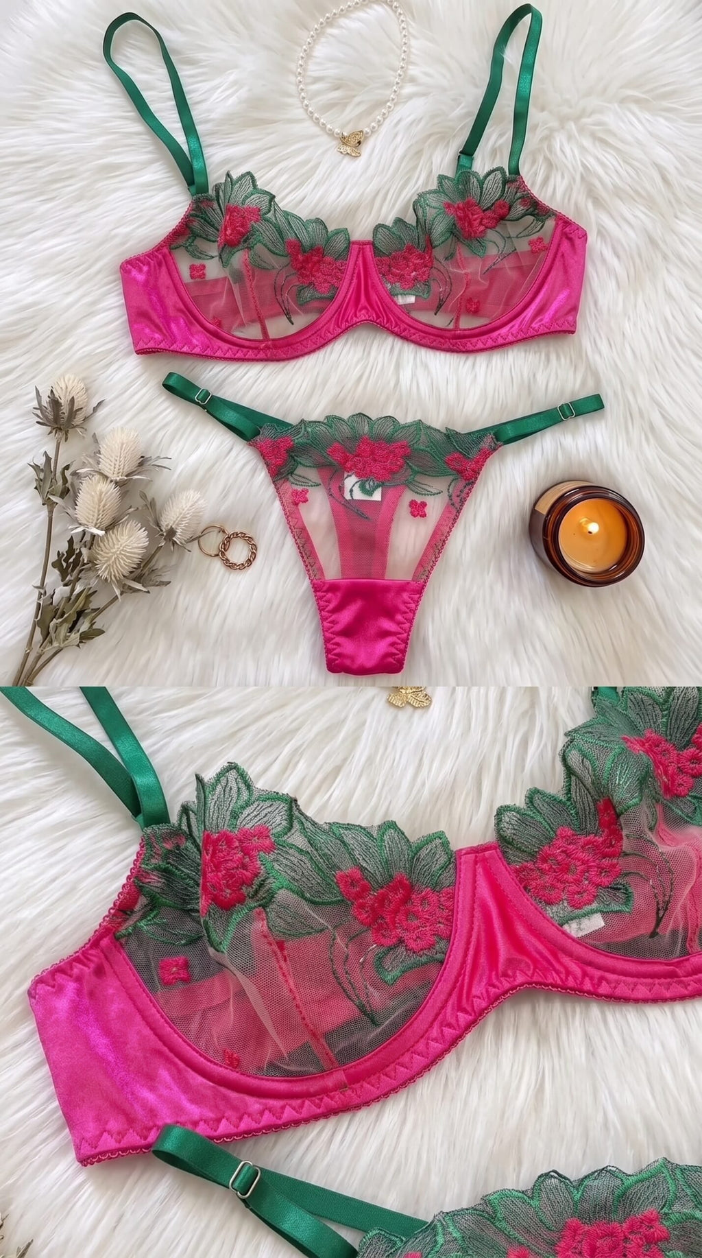 Floral Leaf Embroidered Mesh Bra & Panty Set – Sheer Two-Piece Lingerie image
