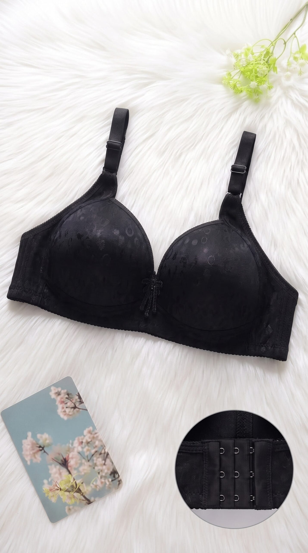 Jacquard Front Closure Bra – Full Coverage Underwire Bra with Bow & Pearl Detail image