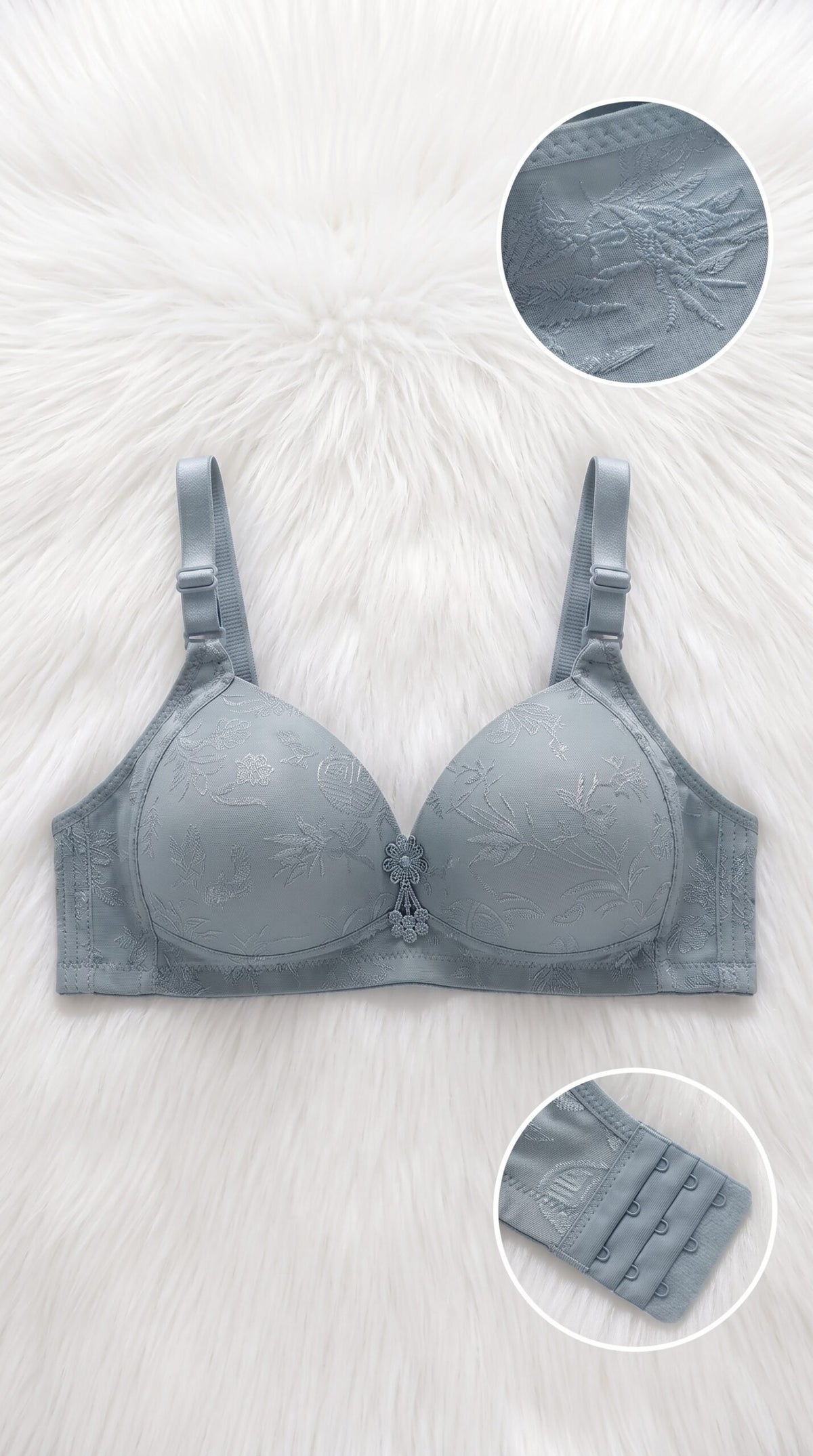 Floral Jacquard Bra Collection with Pearl Charm – 10 Colors (Beige, Black, Coffee Brown, Dark Grey, Dusty Pink, Lake Blue, Light Grey, Light Pink, Olive Green, Red) image