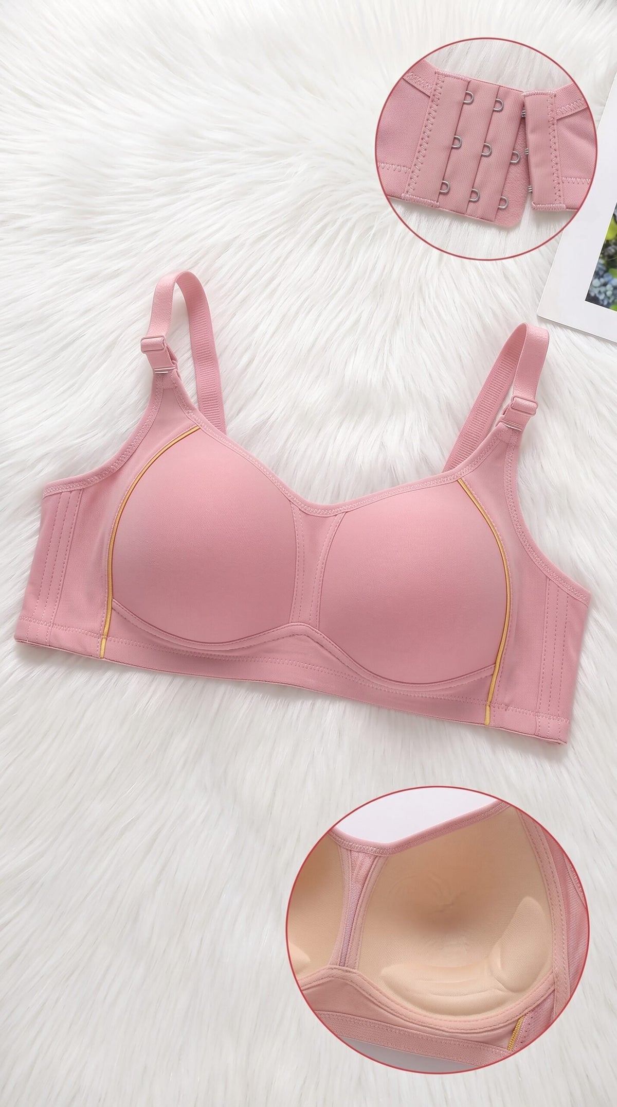 Front-Closure Bra with Gold Piping – 6 Colors (Beige, Black, Brown, Grey, Light Green, Pink) image