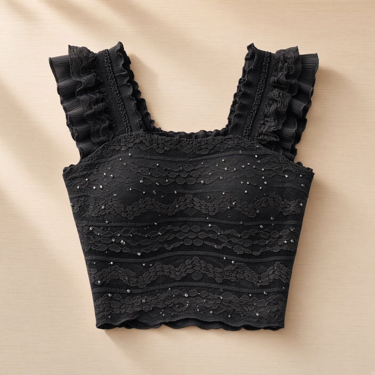 Glitter Beaded Lace Square Collar Top | Flying Sleeve Halter Bra Top image 1