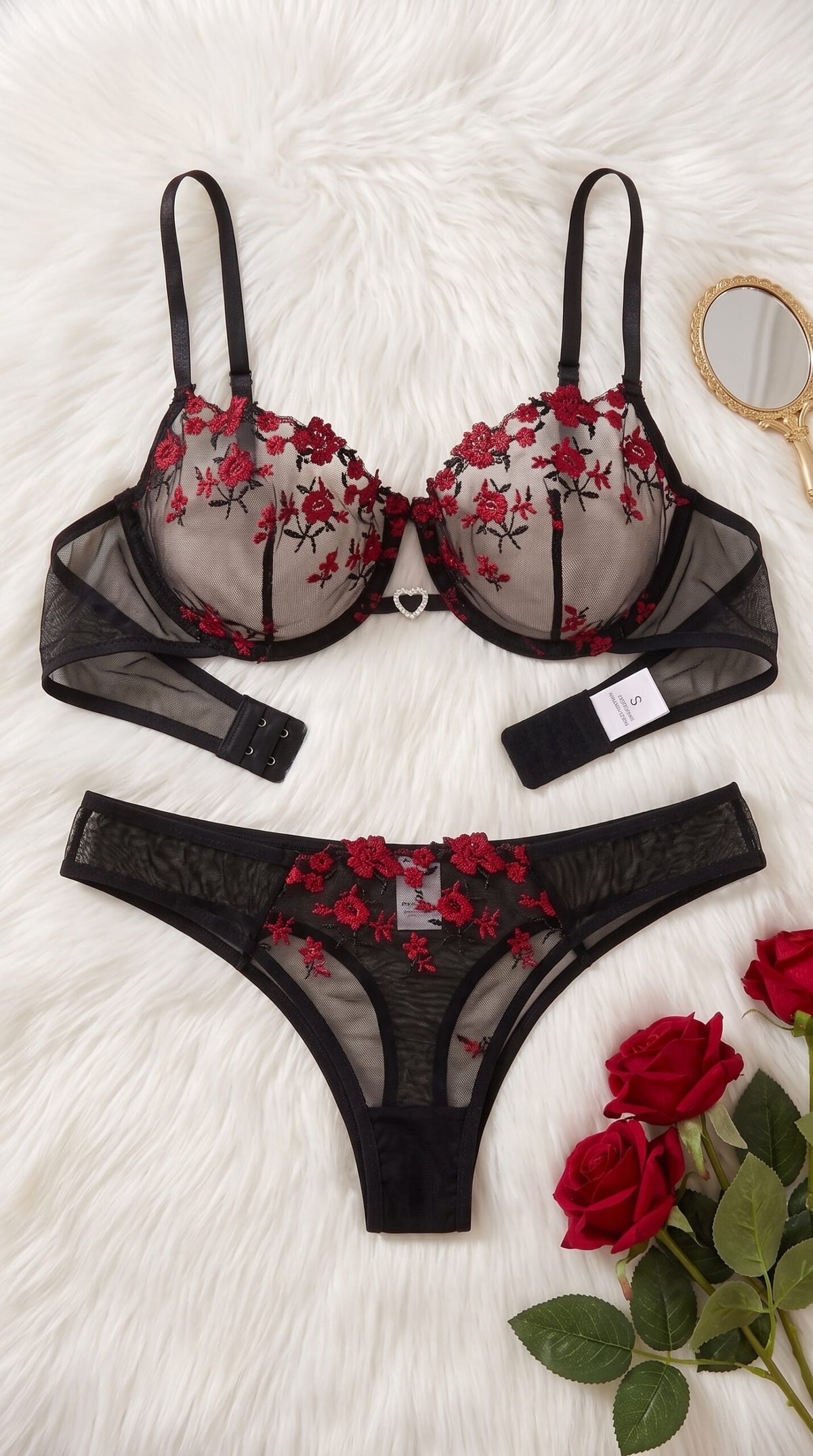 Floral Embroidered Mesh Lingerie Set – Underwire Bra & Panty with Heart Charm Detail image 3