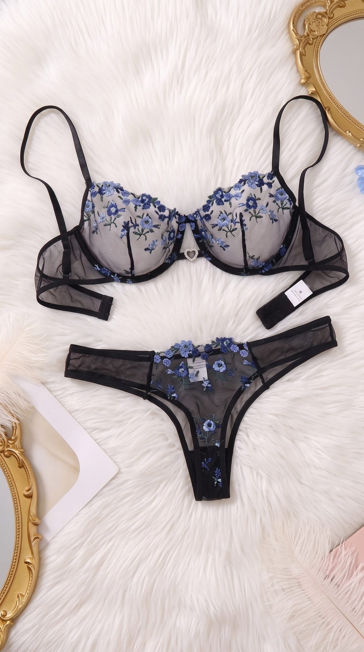Floral Embroidered Mesh Lingerie Set – Underwire Bra & Panty with Heart Charm Detail image