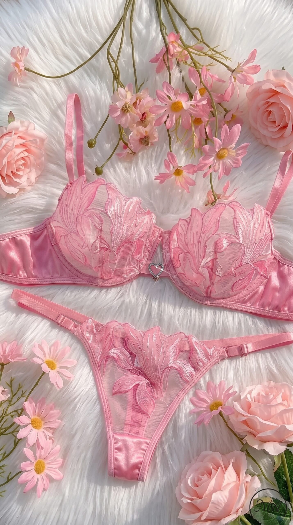 Lily Embroidered Sheer Mesh Bra & Panty Set – Heart Charm Lingerie Set image