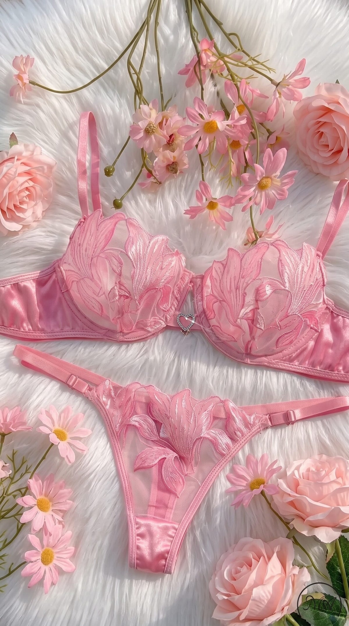 Lily Embroidered Sheer Mesh Bra & Panty Set – Heart Charm Lingerie Set image