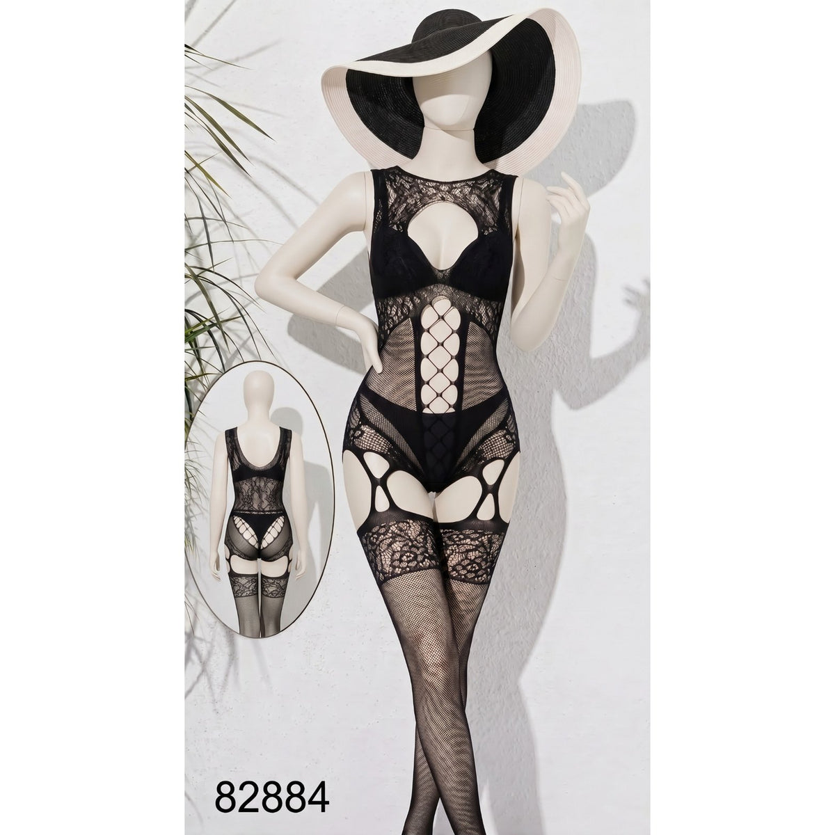 Black Lace Bodysuit with Thigh-High Stockings – Elegant Sheer Lingerie Set image 0