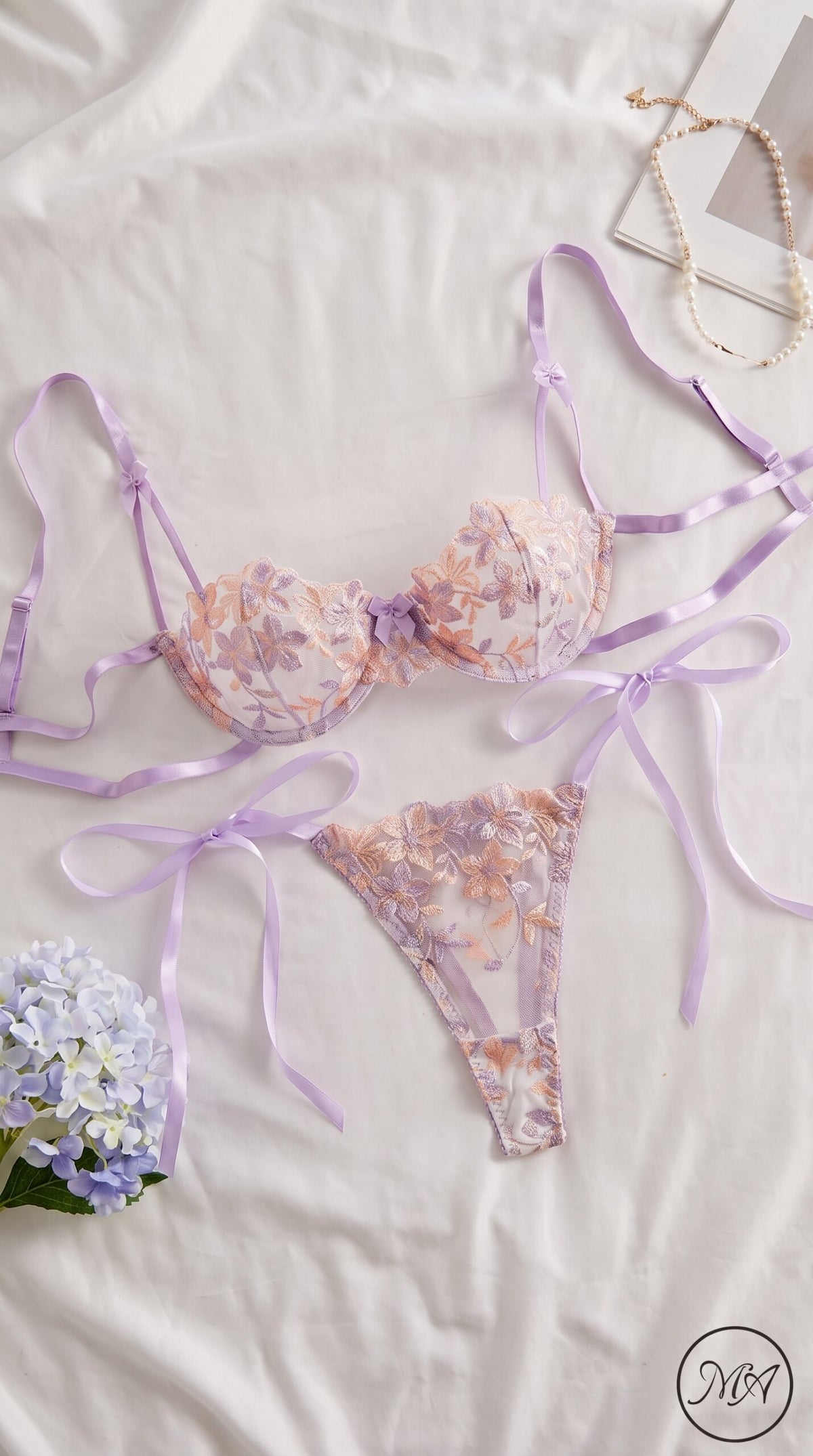 Floral Embroidered Ribbon Tie Lingerie Set – Delicate Lace Bra & Panty with Satin Bows image 2