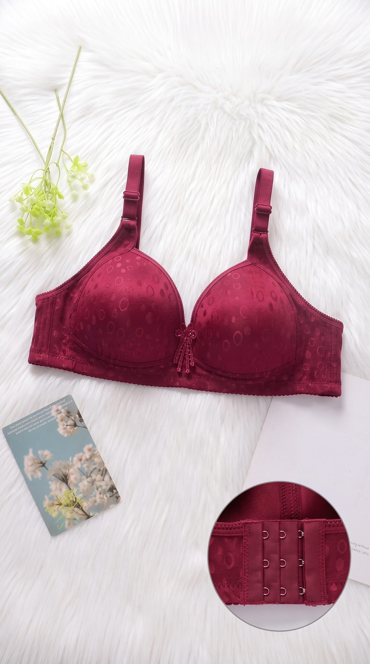 Jacquard Front Closure Bra – Full Coverage Underwire Bra with Bow & Pearl Detail image