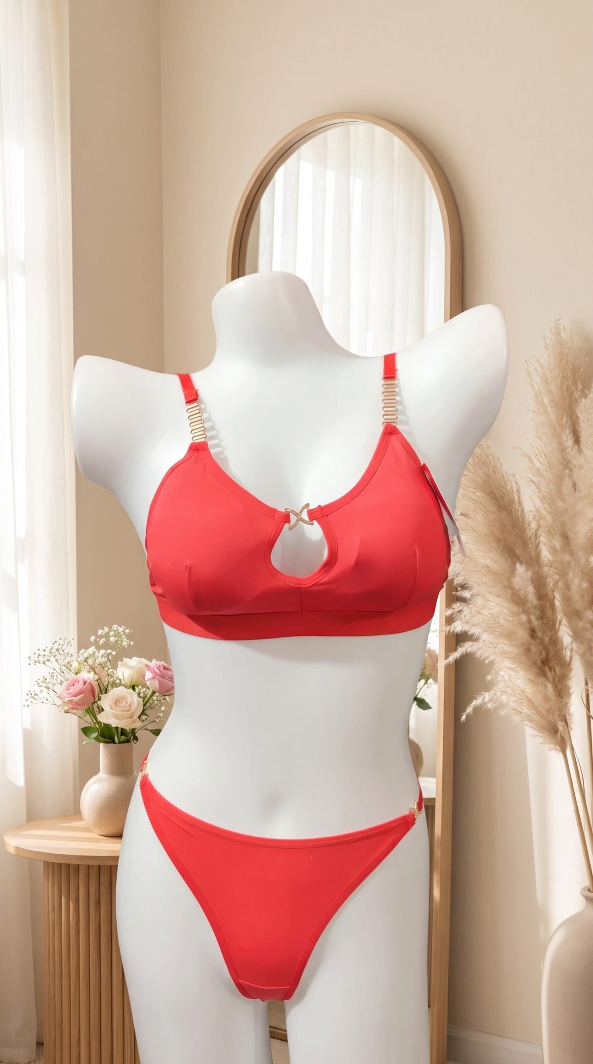 Scarlet Keyhole Bra & Panty Set | Red with Gold Strap Details image
