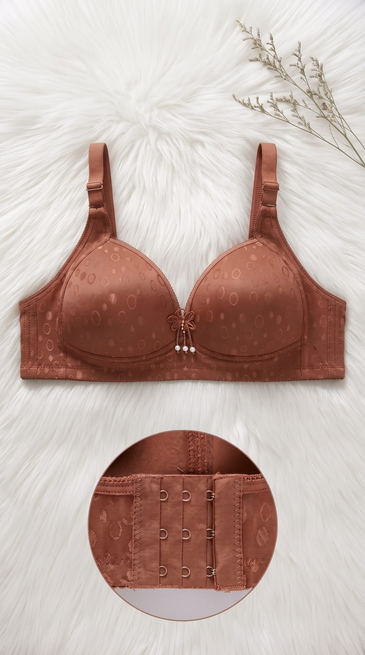 Jacquard Front Closure Bra – Full Coverage Underwire Bra with Bow & Pearl Detail image 3