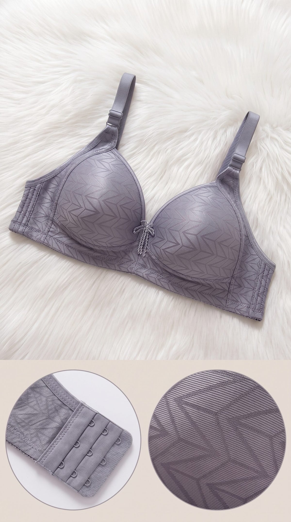 Chevron Jacquard Smooth Bra with Bow Detail – 6 Colors (Beige, Black, Brown, Grey, Maroon, Pink) image 4