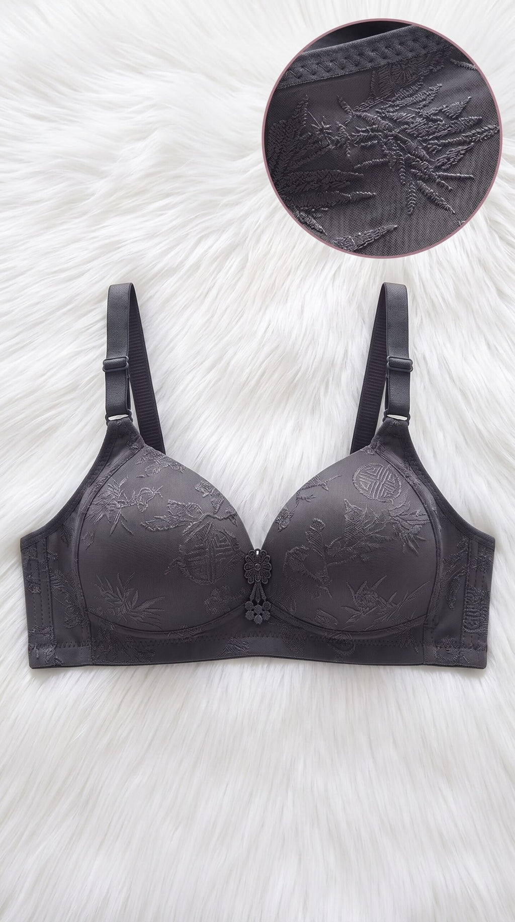 Floral Jacquard Bra Collection with Pearl Charm – 10 Colors (Beige, Black, Coffee Brown, Dark Grey, Dusty Pink, Lake Blue, Light Grey, Light Pink, Olive Green, Red) image