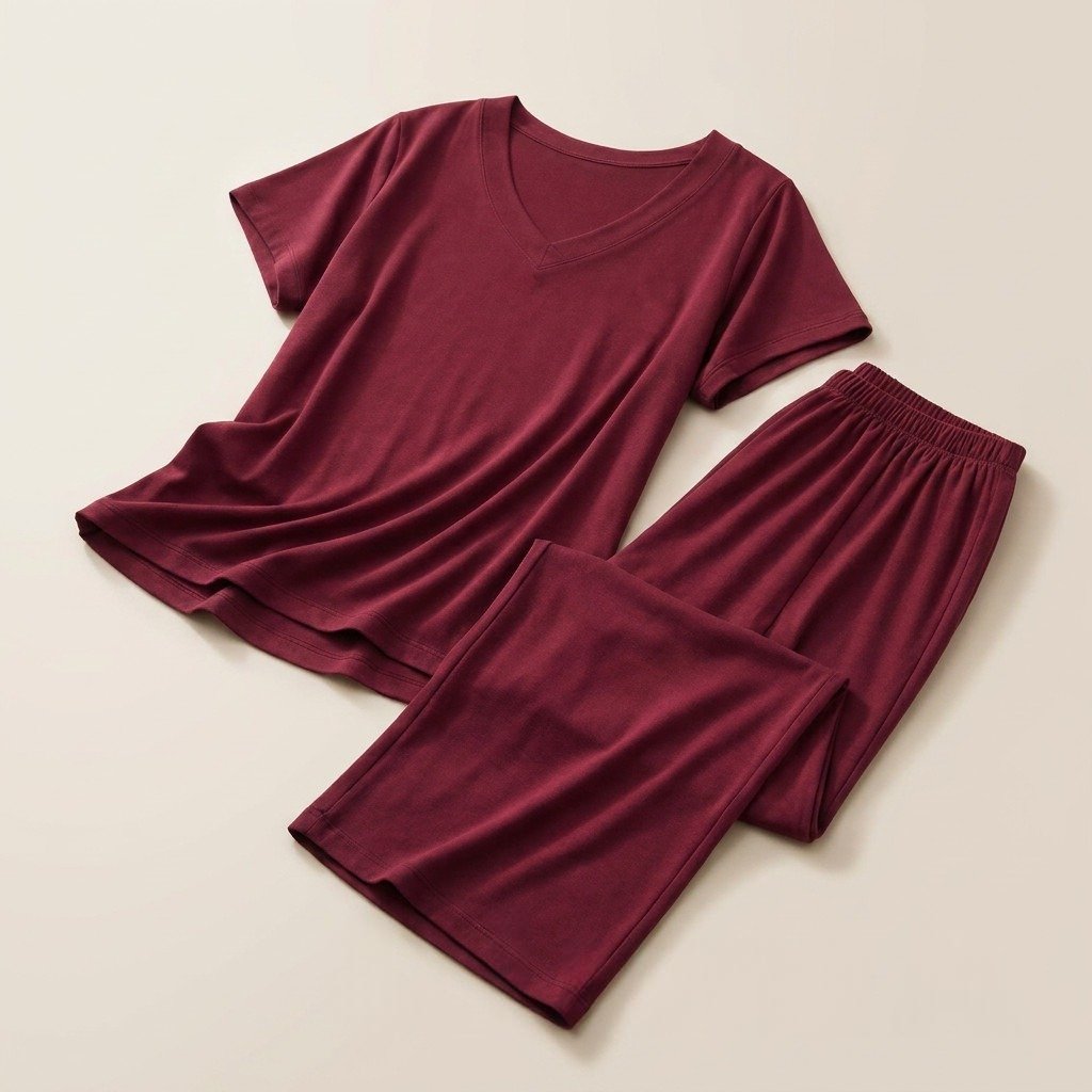 A_maroon_v-neck_t-shirt_and_matching_pajama_pants_2b9TfHtz