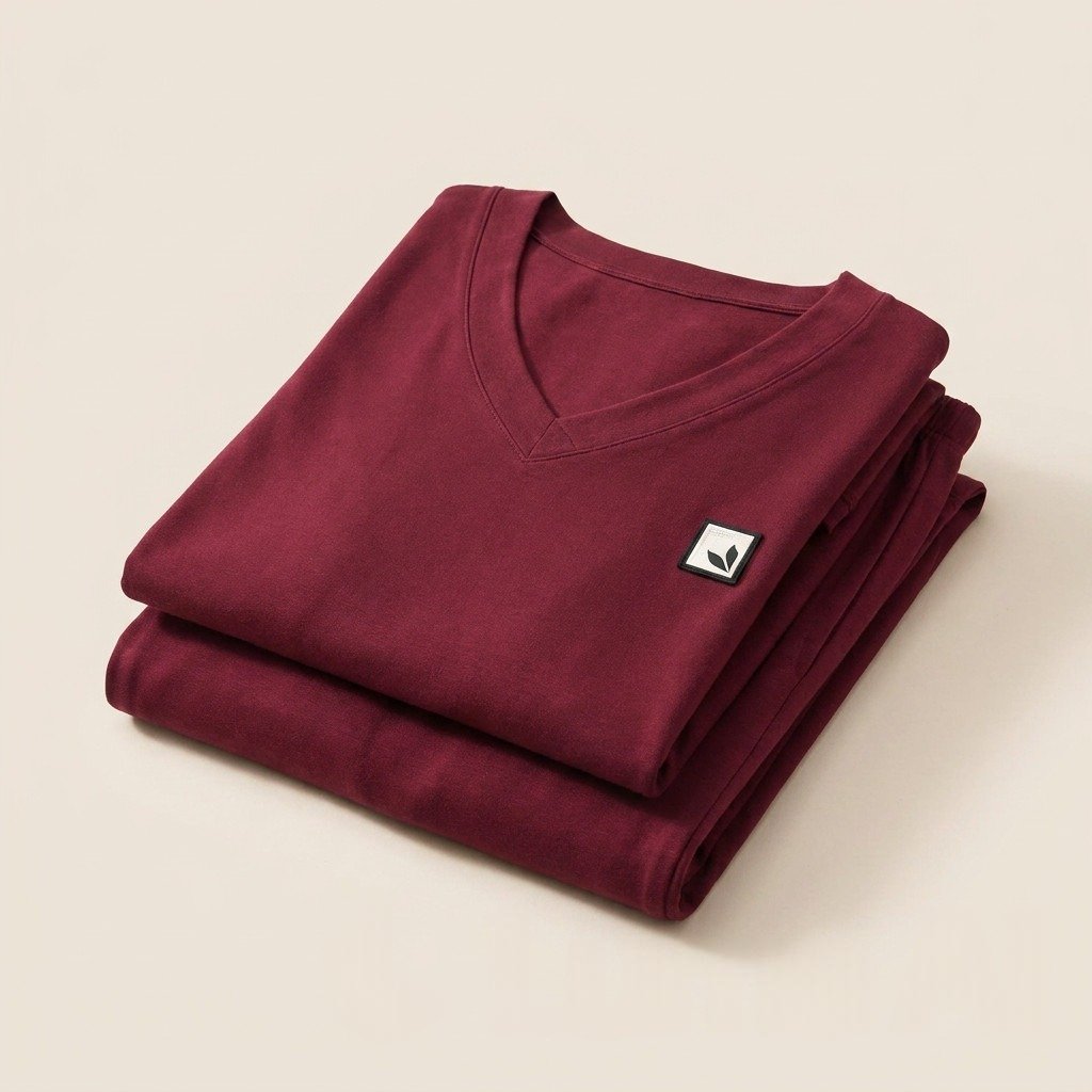 A_stack_of_folded_maroon_v-neck_t-shirts_is_SGxv8som
