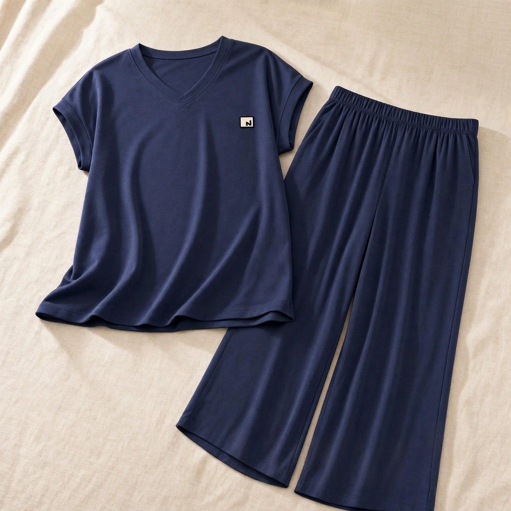 In_a_minimalist_style_a_navy_blue_V-neck_t-shirt_w88ZyrlY