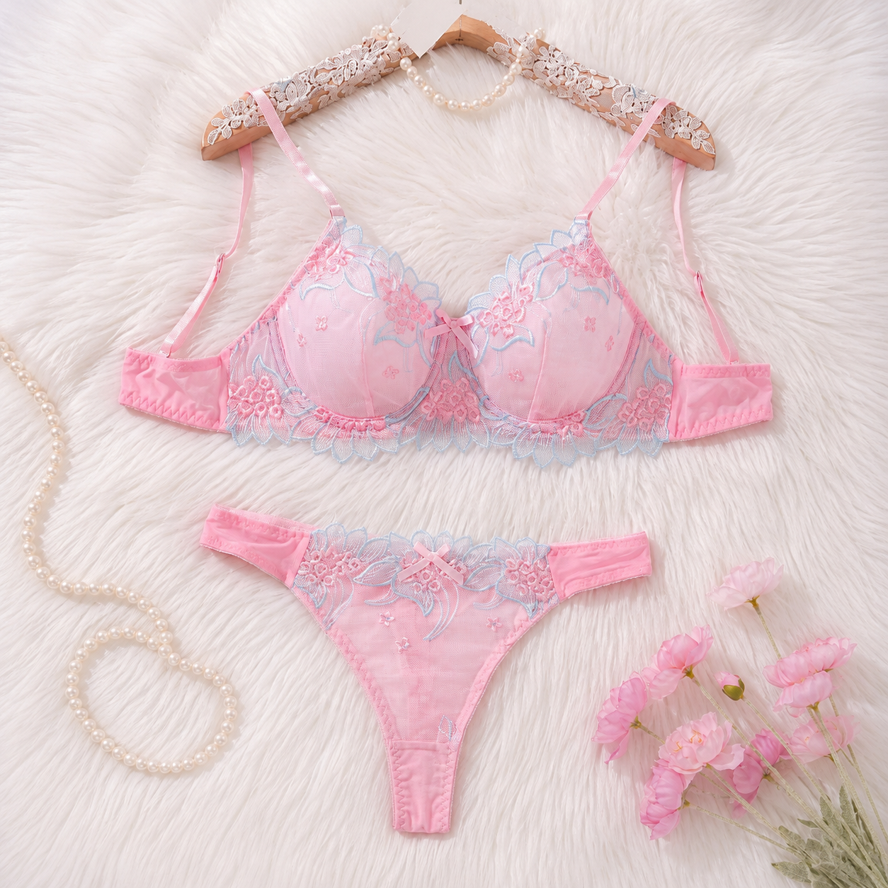 Petal Trim Lace Set — Available in Cream & Burgundy, Cream & Purple, Pink & Blue